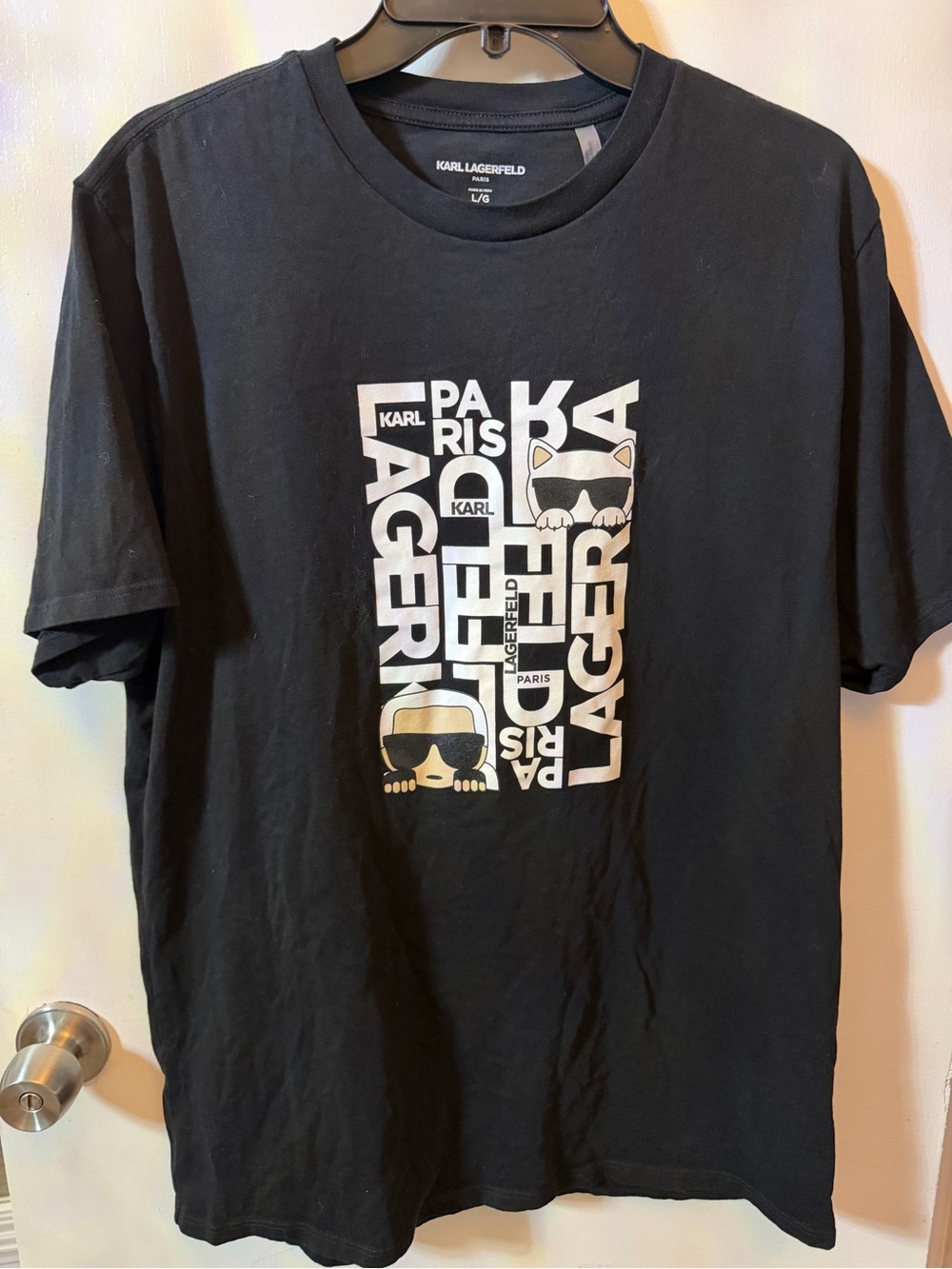 Karl Lagerfeld Black Short Sleeve Graphic Tee with White and Gold Print
